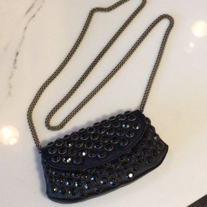 Betsy Johnson small black satin jeweled clutch